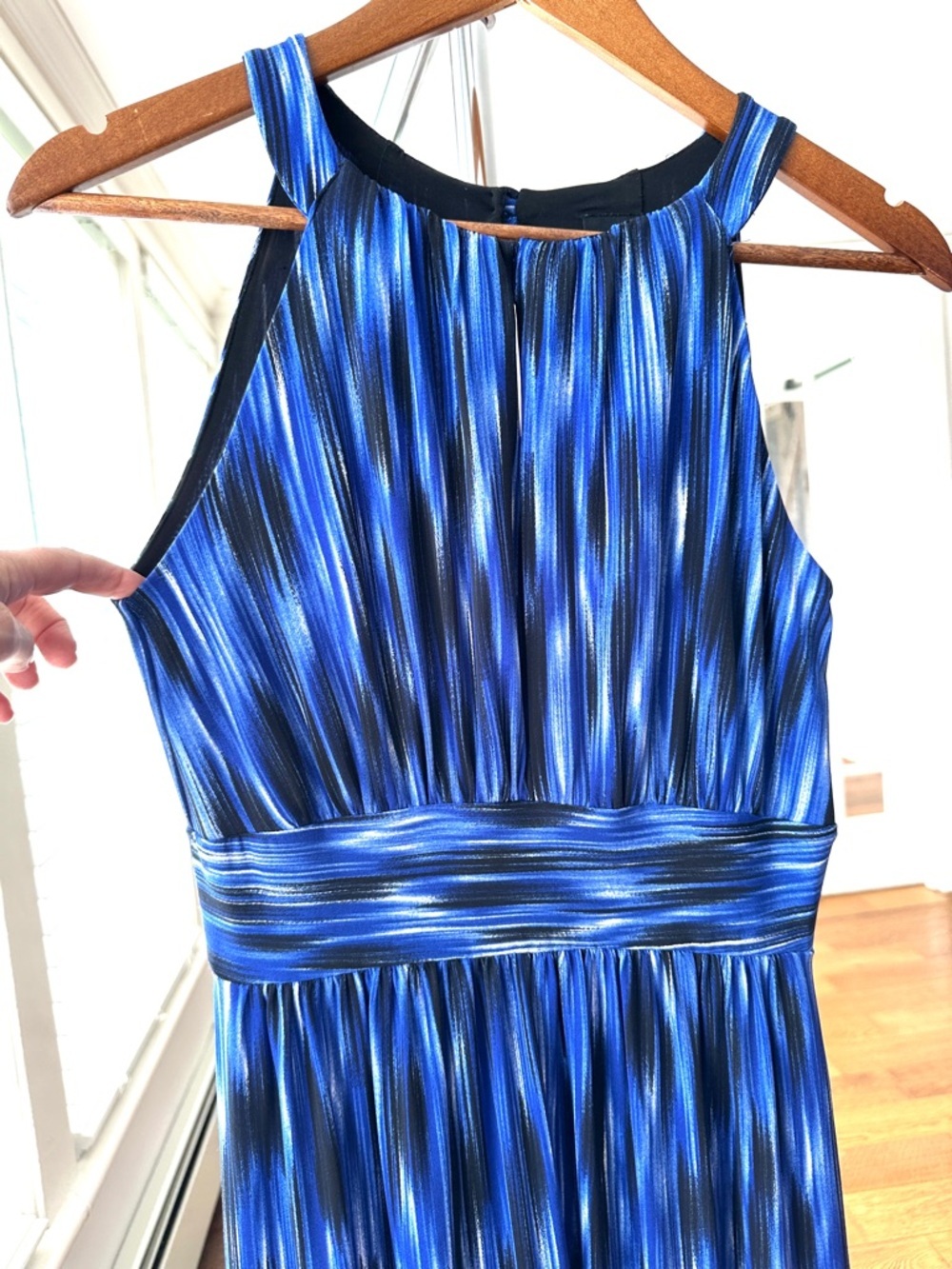 Saks Fifth Avenue “Black” Blue & Black Striped Halter Dress, Maxi, Stretch Knit - Picture 9 of 13